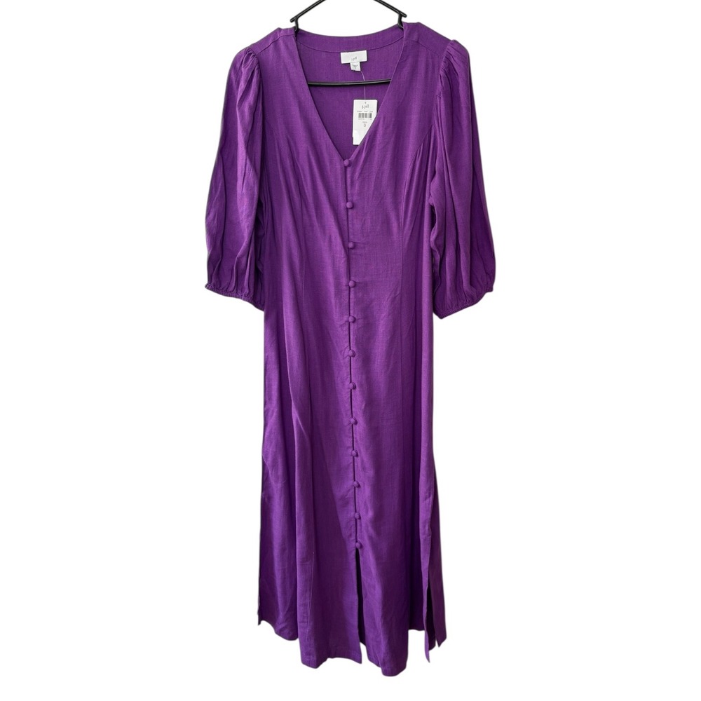 J. Jill Purple Linen Blend Midi Dress Puff Sleeve Button Front V Neck NWT Size S - Picture 2 of 8